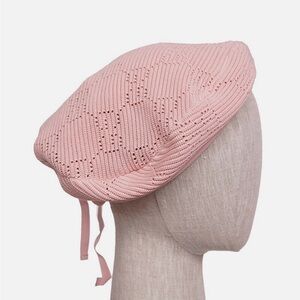 GUCCI GENUINE Pink Knit Beret with Ribbon Tie - Women's Fashion Accessory